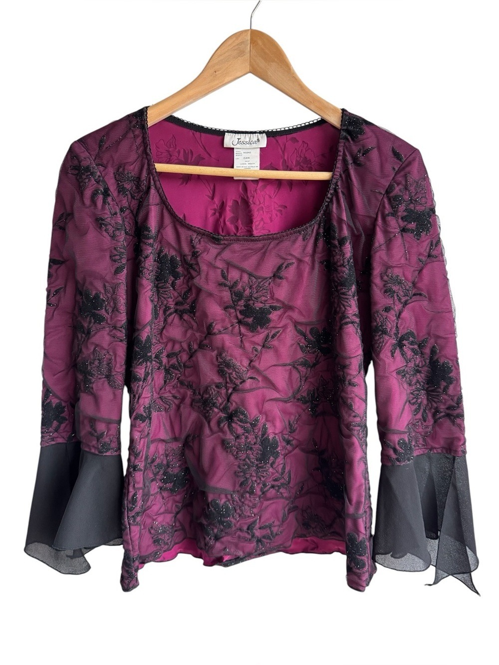 Whimsigoth Mesh Embroidered Top Sz 10 M Sheer Bell Sleeve Floral Witchy Velvet